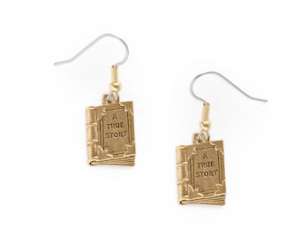 Book Charm Earrings gold plated pewter charms A True Story USA-made
