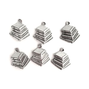 Book charms 6 silver pewter stack of books lead-free nickel-free made in USA