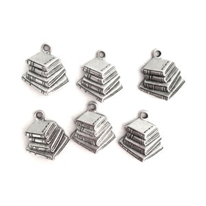 Book charms 6 silver pewter stack of books lead-free nickel-free made in USA