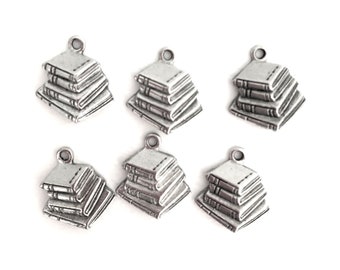 Book charms 6 silver pewter stack of books lead-free nickel-free made in USA