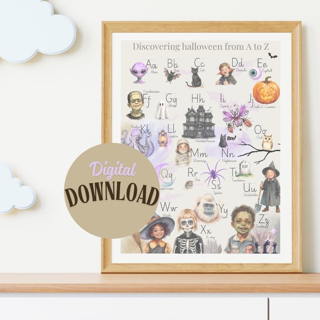 Printable Halloween Alphabet French English, ABC Poster 5 Sizes Vintage ...