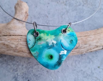 Polymer clay pendant, Handmade jewelry, Art pendant, Short necklace, Art jewelry, turquoise pendant, small gift, gift for her, heart pendant