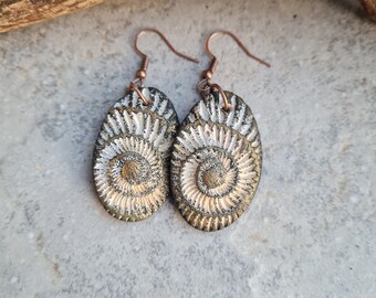 Polymer clay earrings, Handmade earrings, statement earrings, organic earrings,Art earrings, ammonite earrings, nature lovers gift