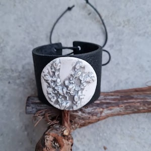 Cuff bracelet, botanical bracelet, organic bracelet, black and white bracelet, handmade bracelet, eyecatching bracelet, gift for her
