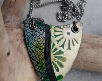 Polymer clay pendant, art pendant, long necklace, green necklace, handmade necklace,Fimo necklace,halskette, anhänger, kunstwerk, collier