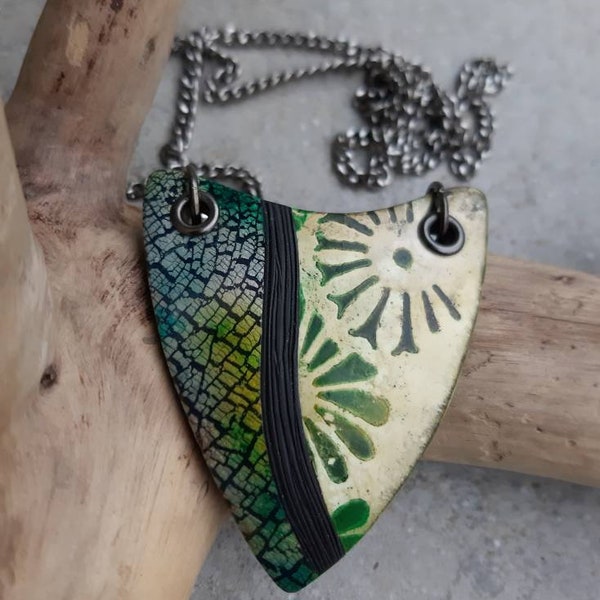 Polymer clay pendant, art pendant, long necklace, green necklace, handmade necklace,Fimo necklace,halskette, anhänger, kunstwerk, collier