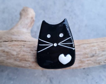 Polymer clay ring, statement ring, cat ring, cute cat ring, kitty ring, black cat ring, Fimo ring, animal ring, black and white ring