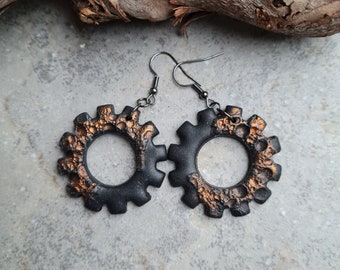 Polymer clay earrings, statement earrings,black and copper earrings,Fimo earrings,earrings,gear  earrings,kunstwerk, orecchini, Ohrringe