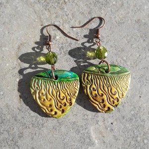 Polymer clay earrings, Handmade earrings, Art earrings, textured earrings, Gift for her, Dangly earrings, yellow and greeen,organic earrings image 4