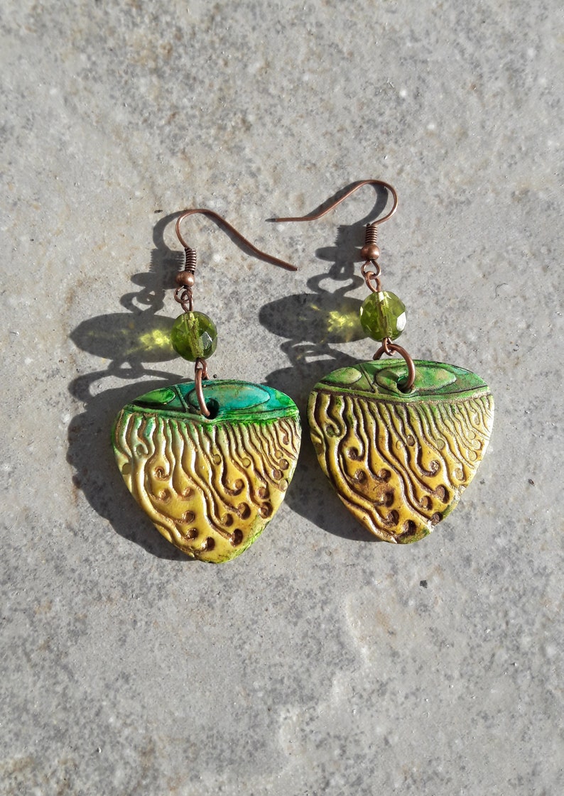 Polymer clay earrings, Handmade earrings, Art earrings, textured earrings, Gift for her, Dangly earrings, yellow and greeen,organic earrings image 4