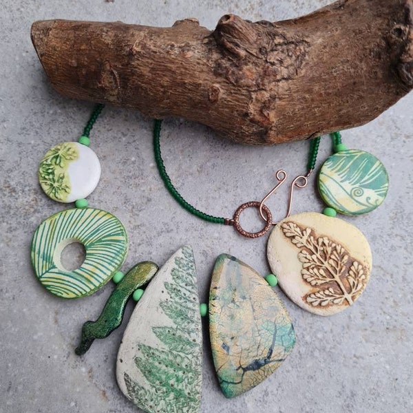 Polymer clay necklace, Bib necklace,Statement necklace, Handmade necklace, Art necklace,green necklace, botanical necklace, organic necklace