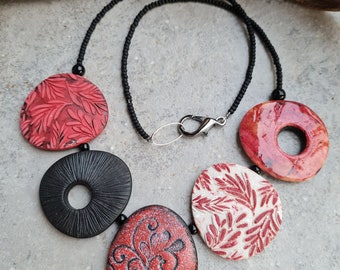 Polymer clay necklace, Bib necklace, Statement necklace,organic necklace, Art necklace,black and red necklace, Fimo necklace, gift for her