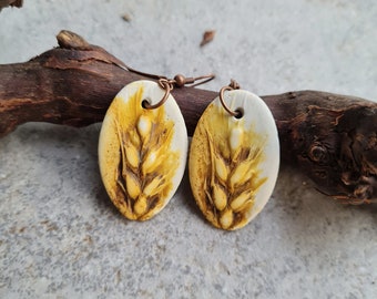 Organic earrings, nature lovers earrings,botanical earrings, nature lovers gift, yellow earrings, fimo earrings, wheat earrings