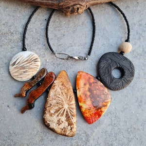 Bold Fringe Statement Necklace, Four-Piece Bib, Handmade Polymer Clay