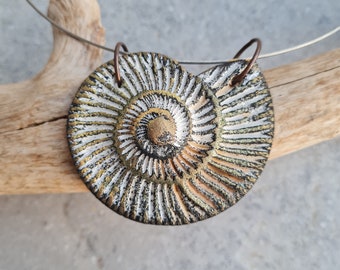 Handmade pendant, art pendant,  pendant, gift for her, Fimo pendant, ammonite, fossil pendant, organic pendant, small gift, nature inspired