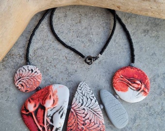 Polymer clay necklace, Bib necklace, Statement necklace, Art necklace,white and red necklace, organic necklace, botanic necklace