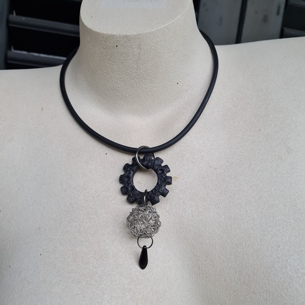 Necklace,Bib necklace, Statement necklace,kunst halskette, Art necklace, black necklace, Fimo necklace,collier,collana, steampunk necklace