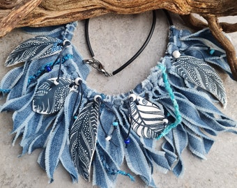 Fringe necklace, recycled denim necklace, statement necklace, jeans necklace, polymer clay necklace, contemporary necklace,blue necklace