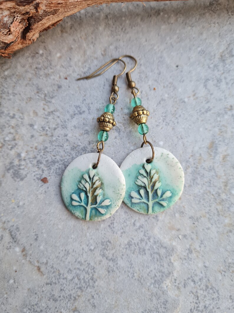 Polymer clay earrings, Handmade earrings, statement earrings, green earrings,orecchini,Art earrings, nature lovers gift, botanic earrings image 5