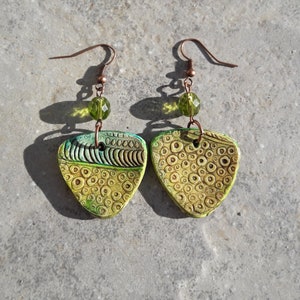 Polymer clay earrings, Handmade earrings, Art earrings, textured earrings, Gift for her, Dangly earrings, yellow and greeen,organic earrings image 2