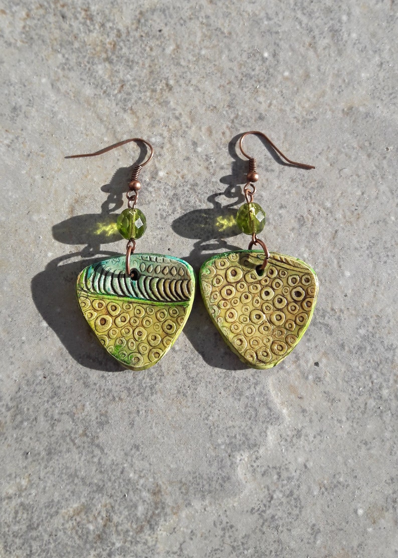 Polymer clay earrings, Handmade earrings, Art earrings, textured earrings, Gift for her, Dangly earrings, yellow and greeen,organic earrings image 2