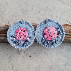 Denim earrings, statement earrings, upcycled denim earrings, Fimo earrings, art earrings, hand sewn earrings, gift for her
