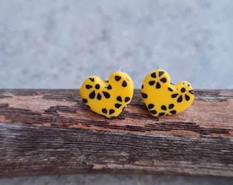 Heart studs , heart earrings, Polymer clay studs, small earrings, yellow earrings, Handmade earrings, Gift for her, yellow heart, small gift