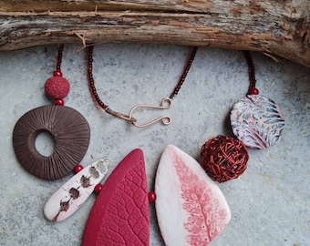 Polymer clay necklace, Bib necklace, Statement necklace, Handmade jewelry,nature inspired,gift for her, Fimo necklace,dark red necklace