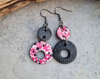 Polymer clay earrings, Handmade earrings, statement earrings, dotted earrings,vivid earrings,Art earrings, black and fuchsia earrings