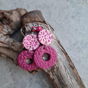 Polymer clay earrings, Handmade earrings, statement earrings, flower earrings,fuchsia earrings,Art earrings