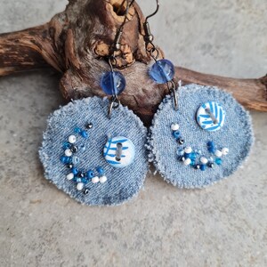 Denim earrings, statement earrings, upcycled denim earrings, Fimo earrings, art earrings, hand sewn earrings, gift for her