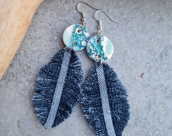 Jeans earrings,recycled earrings, boho earrings, blue earrings,feather earrings,gift for her, small gift,handmade earrings, jeans earrings