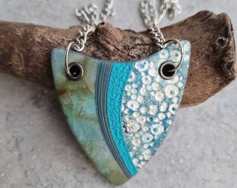 Polymer clay pendant, art pendant, long necklace, turquoise necklace, handmade necklace, Fimo necklace, organic necklace, nature inspired