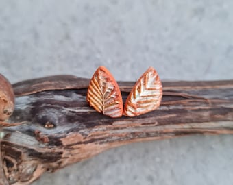 Polymer clay  earrings, stud earrings,orange earrings, art earrings, earrings,handmade earrings,leaf texture, gift for her, small gift