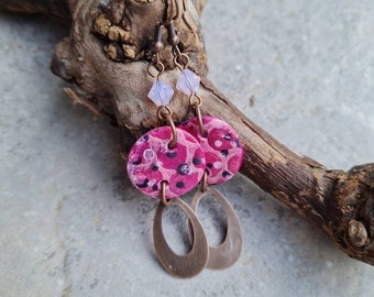 Polymer clay earrings, Handmade earrings, statement earrings, fuchsia  earrings,Art earrings, dotted earrings, small gift, gift for her