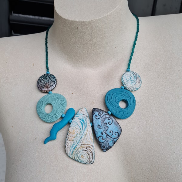 Polymer clay necklace, Bib necklace, Statement necklace, Handmade necklace, Art necklace, Fimo necklace, Halskette, turquoise  necklace