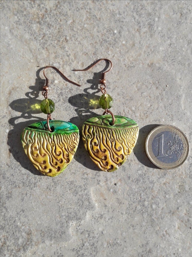 Polymer clay earrings, Handmade earrings, Art earrings, textured earrings, Gift for her, Dangly earrings, yellow and greeen,organic earrings image 3