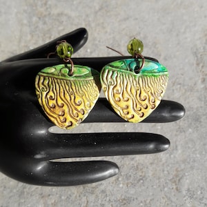 Polymer clay earrings, Handmade earrings, Art earrings, textured earrings, Gift for her, Dangly earrings, yellow and green,organic earrings