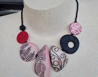 Polymer clay necklace, Bib necklace, Statement necklace,nature lovers gift,Art necklace,black and pink necklace, Fimo necklace,gift for her