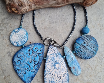 Polymer clay necklace, Bib necklace, Statement necklace, Handmade necklace, Art necklace, organic necklace, blue necklace, gift for her