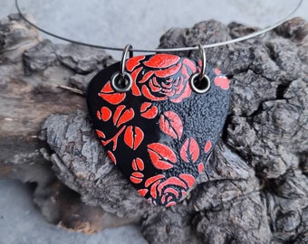 Polymer clay pendant,rose pendant,handmade pendant, black and red necklace, nature inspired, short necklace, organic necklace, gift for her