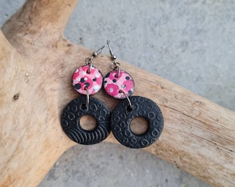 Polymer clay earrings, Handmade earrings, statement earrings, dotted earrings,small gift,gift for her,Art earrings, black and pink earrings