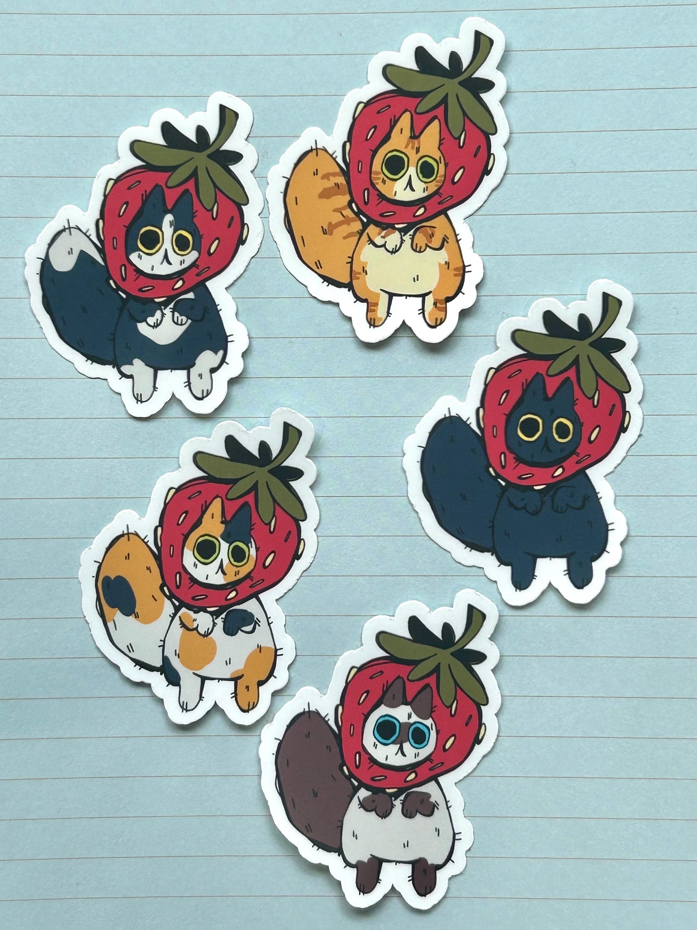 Strawberry Cat Costume Vinyl Sticker, Cute Fruit Feline Decal for Water ...