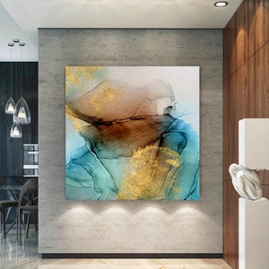 Abstract Art on Canvas, Large Painting, Teal Gold Green Brown Canvas Art, Giclee Canvas Print, framed canvas art, fluid art image 1