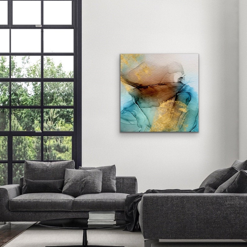 Abstract Art on Canvas, Large Painting, Teal Gold Green Brown Canvas Art, Giclee Canvas Print, framed canvas art, fluid art image 4