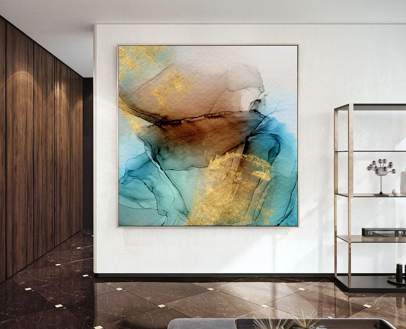 Abstract Art on Canvas, Large Painting, Teal Gold Green Brown Canvas Art, Giclee Canvas Print, framed canvas art, fluid art image 2