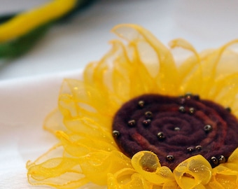 Felt and organza sunflower brooch
