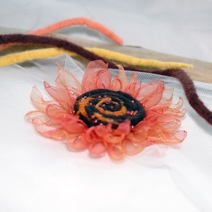 Felted and organza flower brooch, Sunflower dream, orange copper and brown, felt sunflower pin, wedding decor image 1