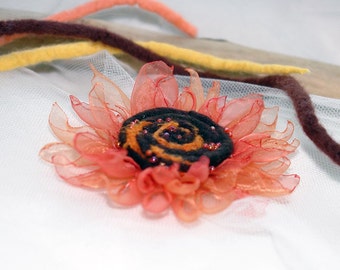 Felted and organza flower brooch, Sunflower dream, orange copper and brown, felt sunflower pin, wedding decor