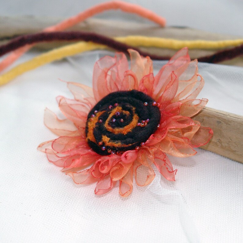 Felted and organza flower brooch, Sunflower dream, orange copper and brown, felt sunflower pin, wedding decor image 3